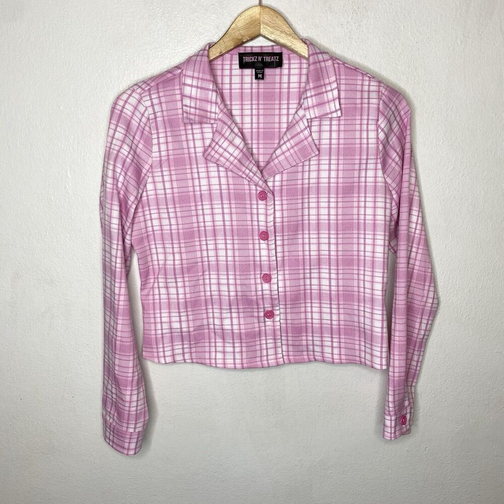Dolls Kill Tricks N Treatz Pink Plaid Button Up V-Neck Collared Shirt Blazer